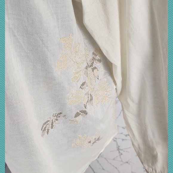 J. Jill White Ivory Cotton Floral Embroidered Sheer Button Up Shirt - Picture 3 of 8